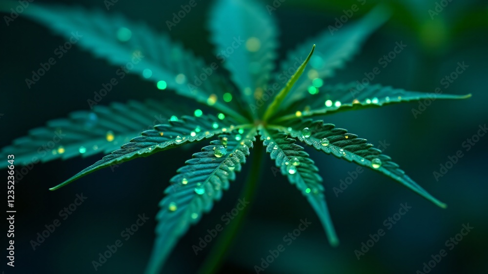A marijuana leaf covered in tiny, glowing microchips like dewdrops, blending organic beauty with futuristic technology. A neon cyberpunk aesthetic with a soft glow. A marijuana leaf covered in tiny, glowing microchips like dewdrops, blending organic beauty with futuristic technology. A neon cyberpunk aesthetic with a soft glow.