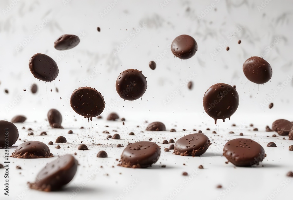 Dark chocolate drops falling horizontally on a white background, confectionery, dark chocolate Dark chocolate drops falling horizontally on a white background, confectionery, dark chocolate
