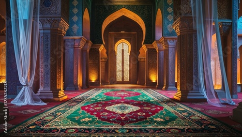 Ornate Persian carpet in grand palace interior with arches
