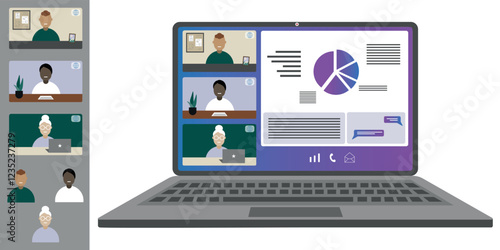 Video call conference, working from home. Colleagues of different nationalities and ages talk to each other on the laptop screen. Isolated illustration on white background in flat style trendy colors