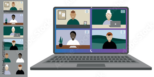 Video call conference, working from home. Colleagues of different nationalities and ages talk to each other on the laptop screen. Isolated illustration on white background in flat style trendy colors