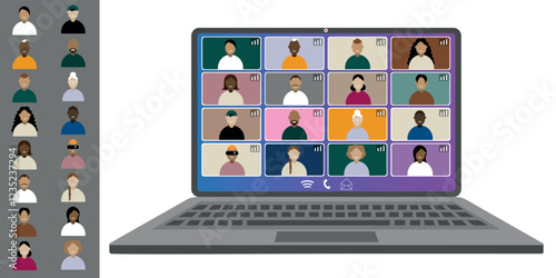 Video call conference, working from home. Colleagues of different nationalities and ages talk to each other on the laptop screen. Isolated illustration on white background in flat style trendy colors