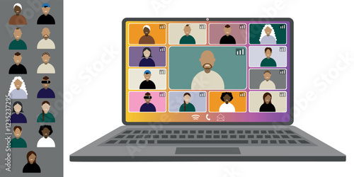 Video call conference, working from home. Colleagues of different nationalities and ages talk to each other on the laptop screen. Isolated illustration on white background in flat style trendy colors