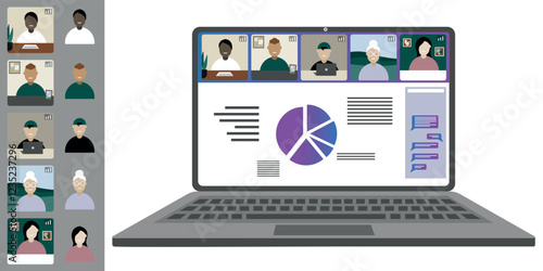 Video call conference, working from home. Colleagues of different nationalities and ages talk to each other on the laptop screen. Isolated illustration on white background in flat style trendy colors
