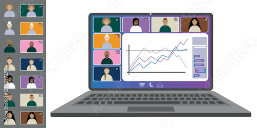 Video call conference, working from home. Colleagues of different nationalities and ages talk to each other on the laptop screen. Isolated illustration on white background in flat style trendy colors