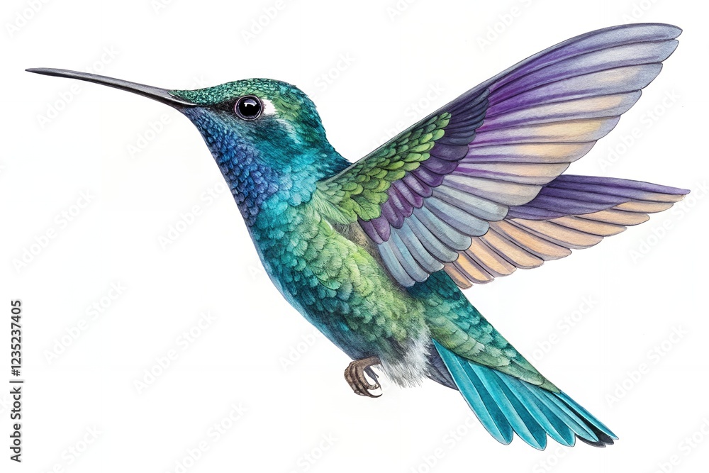 Fototapeta premium Vibrant Hummingbird in Flight Watercolor Painting Exotic Bird Wildlife Art Nature