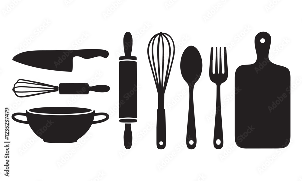 Stylized Black White Tableware Illustration: High-Contrast Minimalist Design Stylized Black White Tableware Illustration: High-Contrast Minimalist Design