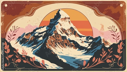 Vintage-style illustrated mountain landscape with warm sunset tones photo