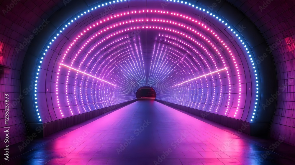 A tunnel with neon lights that is purple and pink A tunnel with neon lights that is purple and pink