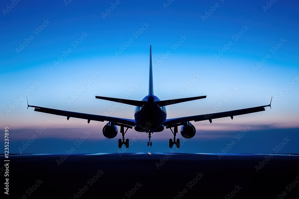 Silhouette of a sleek airplane against a twilight sky with vivid colors and clean lines seen from below. Generative AI Silhouette of a sleek airplane against a twilight sky with vivid colors and clean lines seen from below. Generative AI