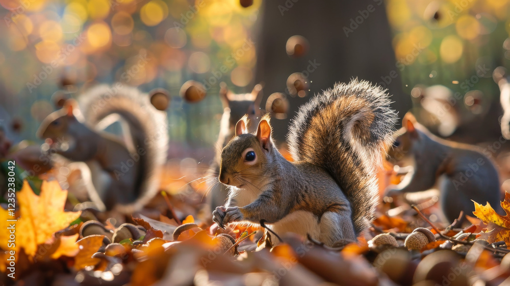 Obraz premium Squirrels gathering acorns. 
