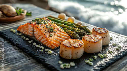 Panseared salmon and scallops are artfully arranged on a slate platter with grilled asparagus A coastal setting provides a stunning backdrop Gourmet seafood meal photo