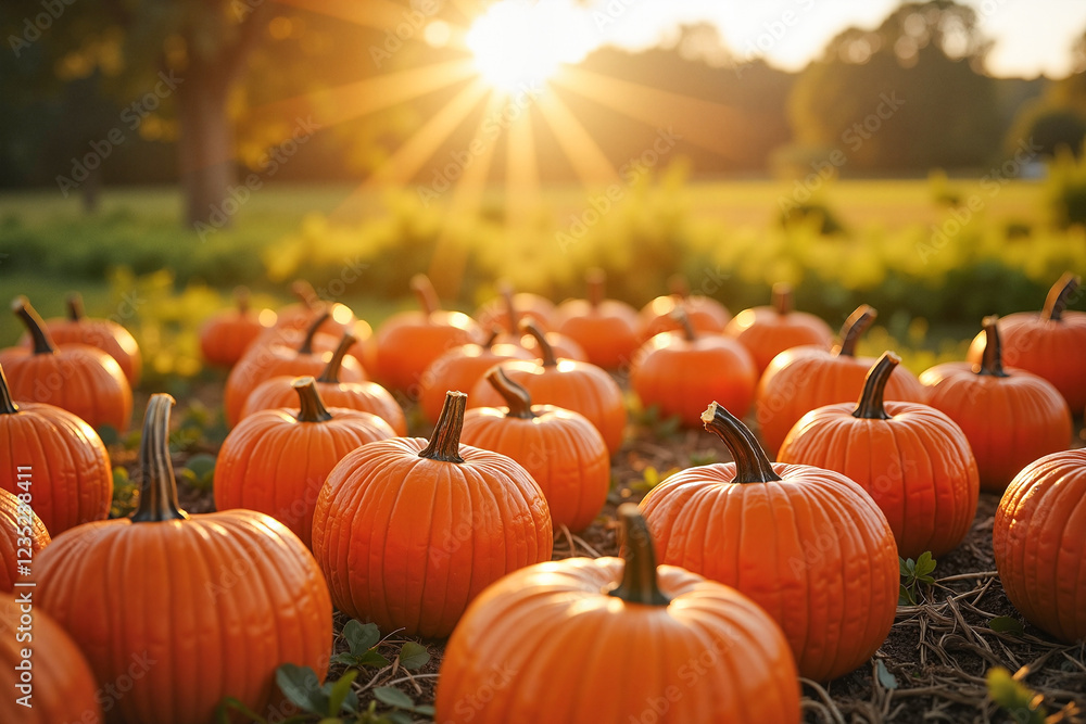 Pumpkins glowing in autumn garden at dawn with sunlight casting warm shadows, celebration of harvest abundance. Pumpkins glowing in autumn garden at dawn with sunlight casting warm shadows, celebration of harvest abundance.