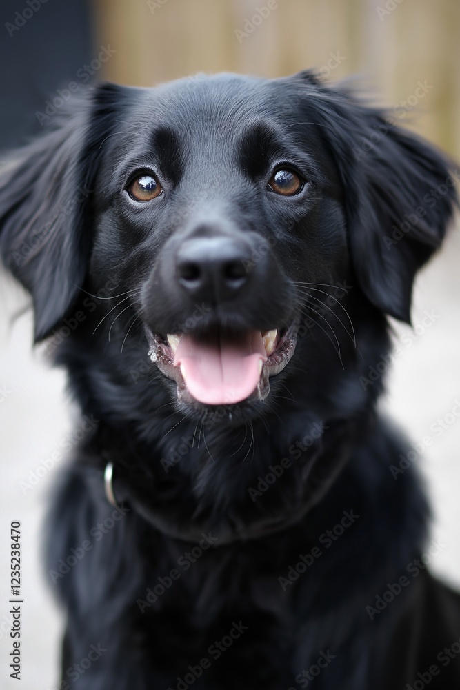A friendly black dog with a joyful expression, looking directly at the camera. A friendly black dog with a joyful expression, looking directly at the camera.