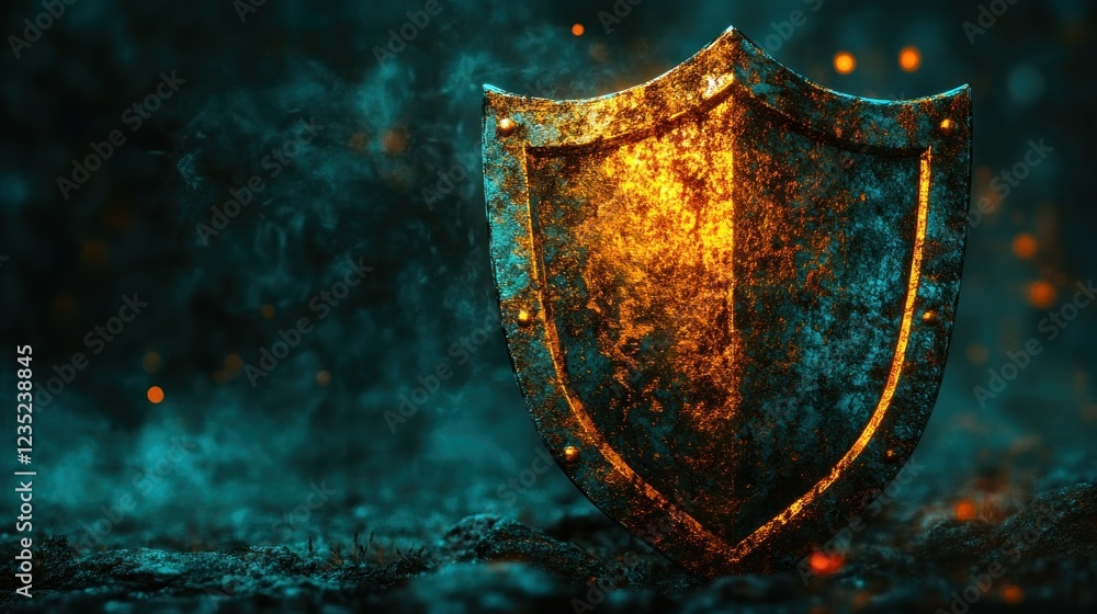 Fototapeta premium Rusty shield on dark background with fire and smoke. Possible use Fantasy illustration or game art