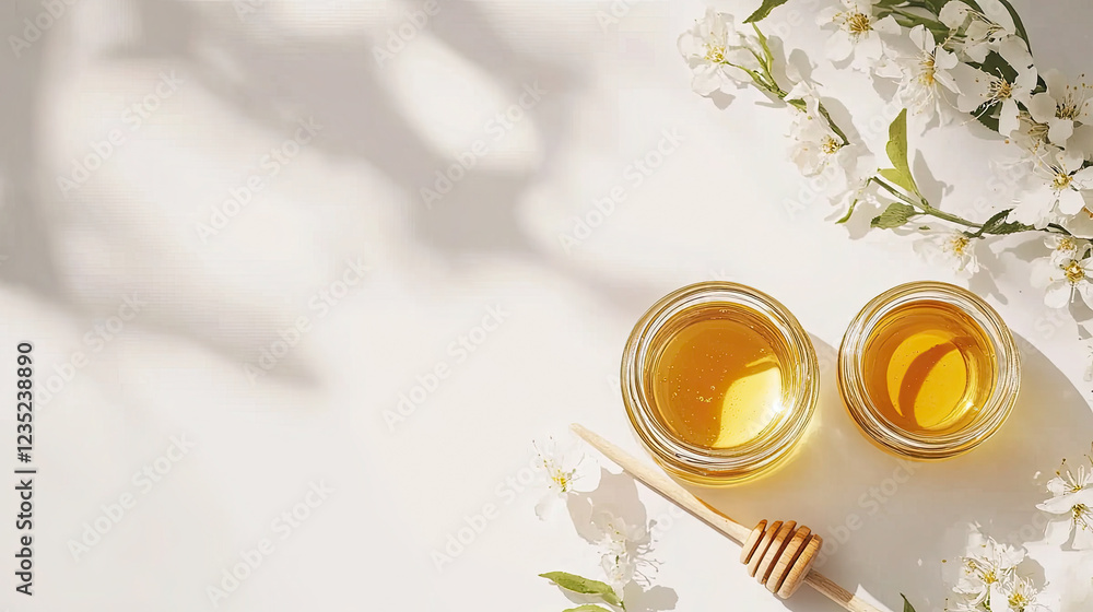 Fresh Honey in a Glass Jar with Wooden Dipper on Marble Background Fresh Honey in a Glass Jar with Wooden Dipper on Marble Background