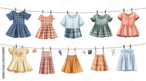 Clothes on ropes. Clothesline, kids cloth dry on lines. Children skirt socks shirt, isolated cartoon clean baby apparel hanging exact vector set photo