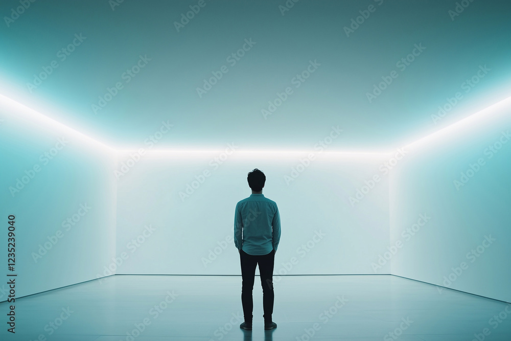 A solitary man stands in a futuristic minimalist room, surrounded by soft glowing light, evoking emotions of introspection, isolation, and contemplation. Generative AI. A solitary man stands in a futuristic minimalist room, surrounded by soft glowing light, evoking emotions of introspection, isolation, and contemplation. Generative AI.