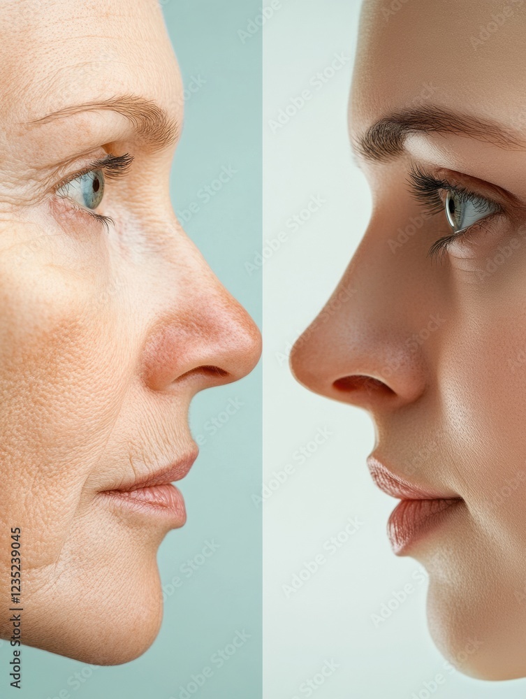Obraz premium Contrast between aging and youth shown through two facial profiles. Generative AI