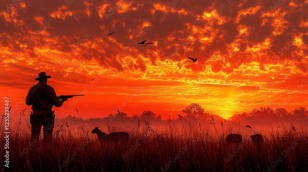 Fototapeta premium Silhouette hunter targets sheep at fiery sunrise