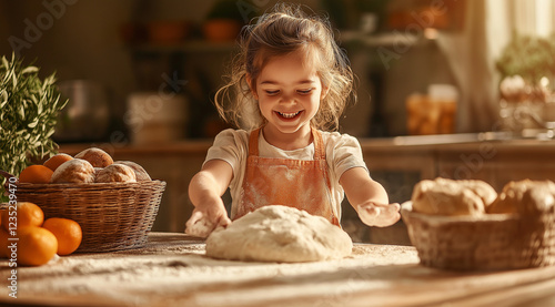 Ein fröhliches Kind beim Brotbacken in einer warmen, einladenden Küche

 photo