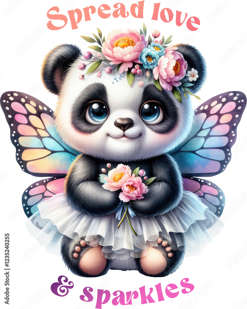 Obraz premium Adorable kids' T-shirt design featuring a baby panda with butterfly wings, a floral crown, and the cute quote 