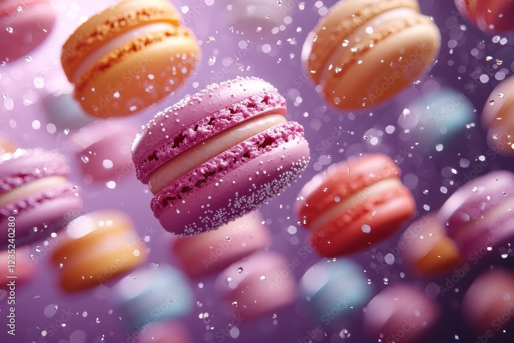 Obraz premium Colorful French macarons floating against a vibrant bokeh background