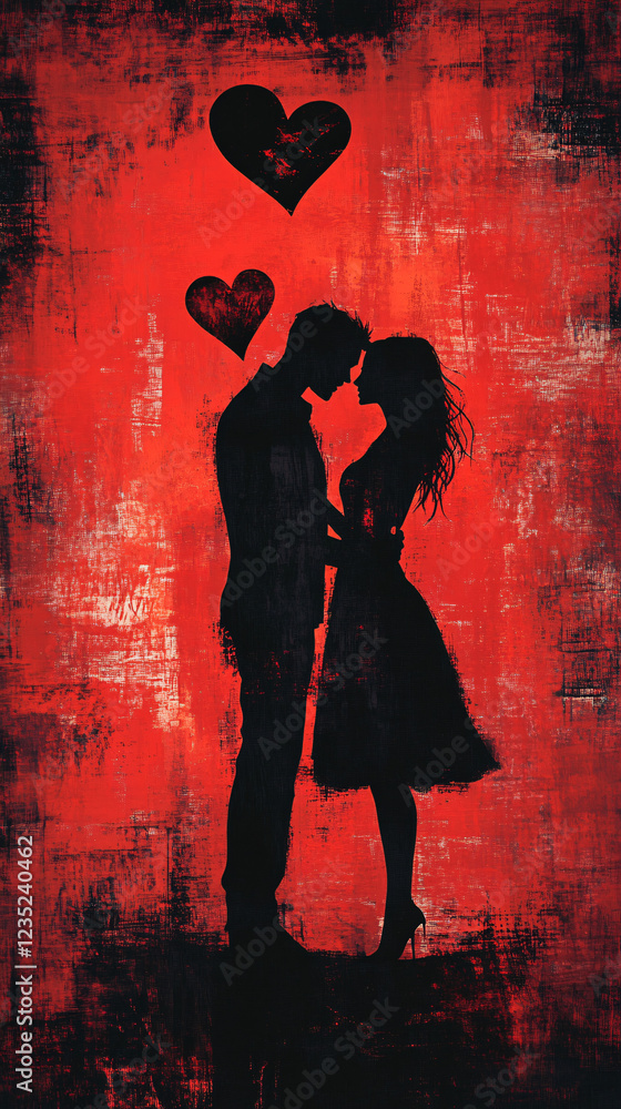 Silhouetted Couple Embracing with a Glowing Heart, Romantic Digital Painting with a Textured Red Background Symbolizing Love and Passion Silhouetted Couple Embracing with a Glowing Heart, Romantic Digital Painting with a Textured Red Background Symbolizing Love and Passion