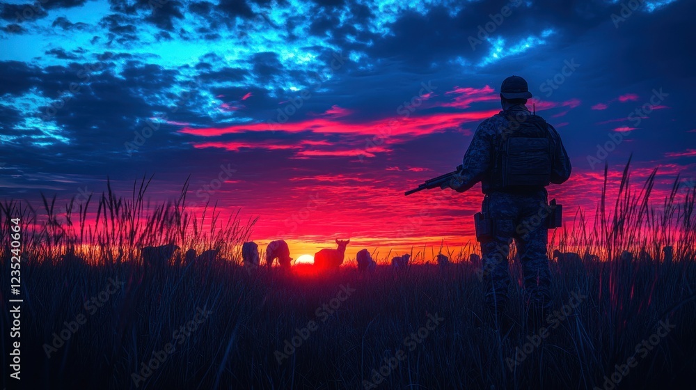 Fototapeta premium Soldier observes deer herd at sunset