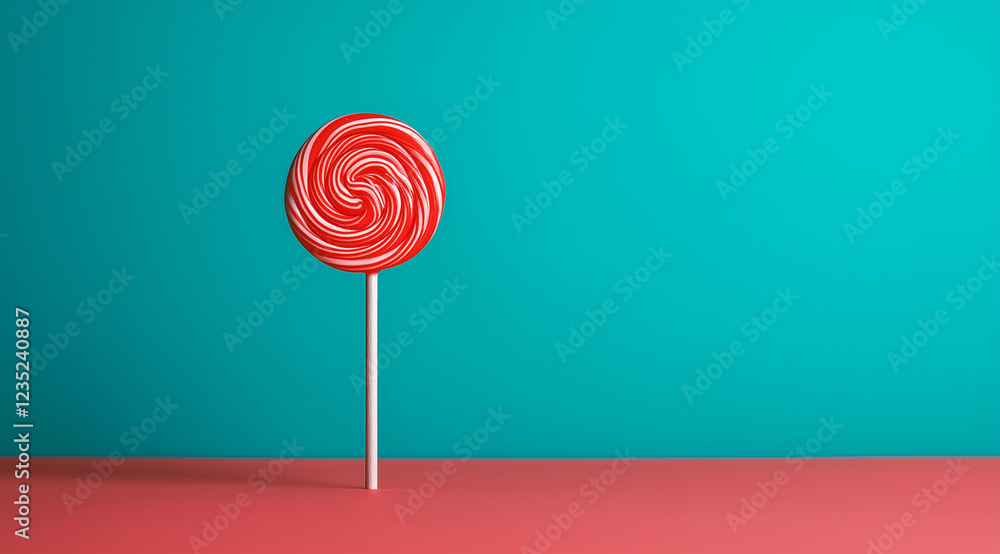 Ein einzelner roter Lutscher vor einem stilvollen, farbigen Hintergrund
Ein einzelner roter Lutscher vor einem stilvollen, farbigen Hintergrund