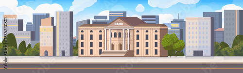 Urban landscape featuring a road, buildings, bank or government building, courthouse. It reflects urban lifestyle, infrastructure development, importance of banks in modern cities. Not AI generated