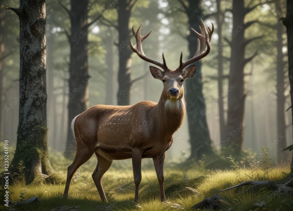 Deer standing alone in forest clearing, with large eyes and curved antlers, outdoors, deer Deer standing alone in forest clearing, with large eyes and curved antlers, outdoors, deer