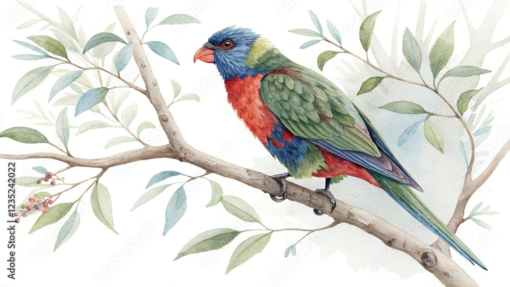 Obraz premium Watercolor Painting of Colorful Parrot on Branch with Leaves