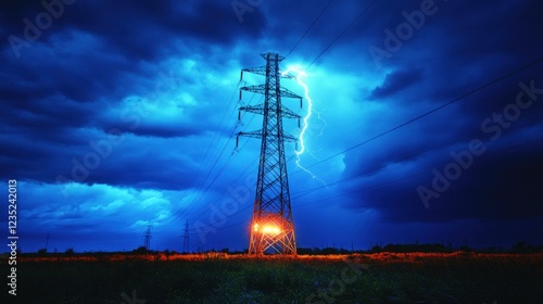 Stormy Night Lightning Strikes Power Tower photo