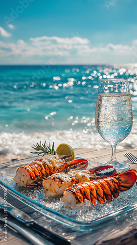 Grilled lobster tails on ice served on a beach with ocean view A glass of water sits nearby Luxurious seafood meal idyllic setting photo