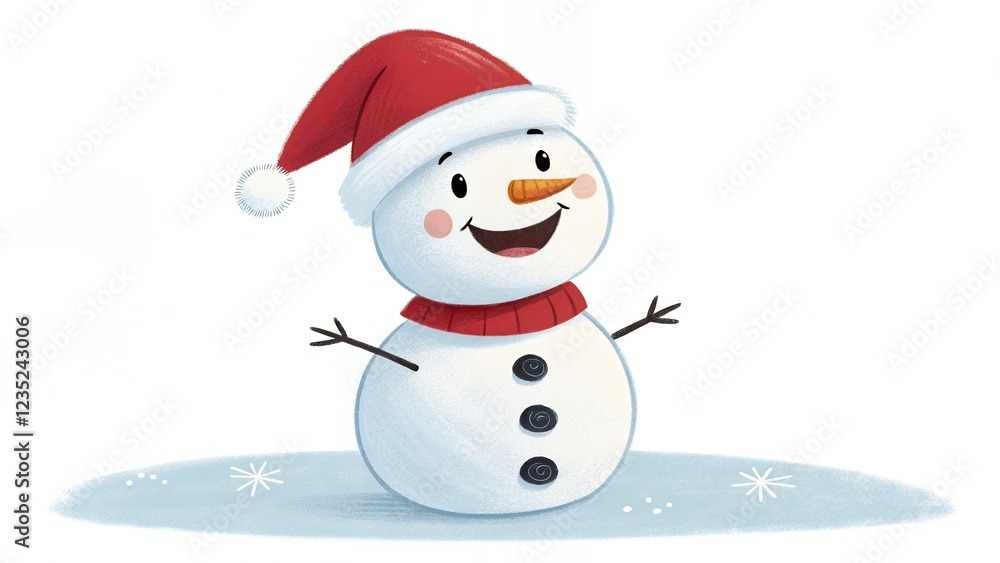 Fototapeta premium Happy Snowman in Santa Hat Winter Holiday Illustration