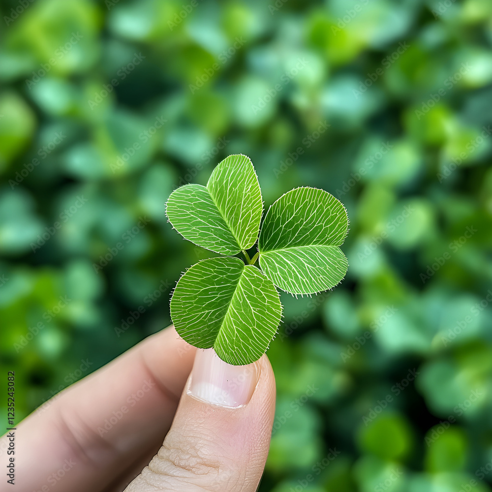 A person's hand gently holds a bright green four-leaf clover in a blurry background of lush green clover.