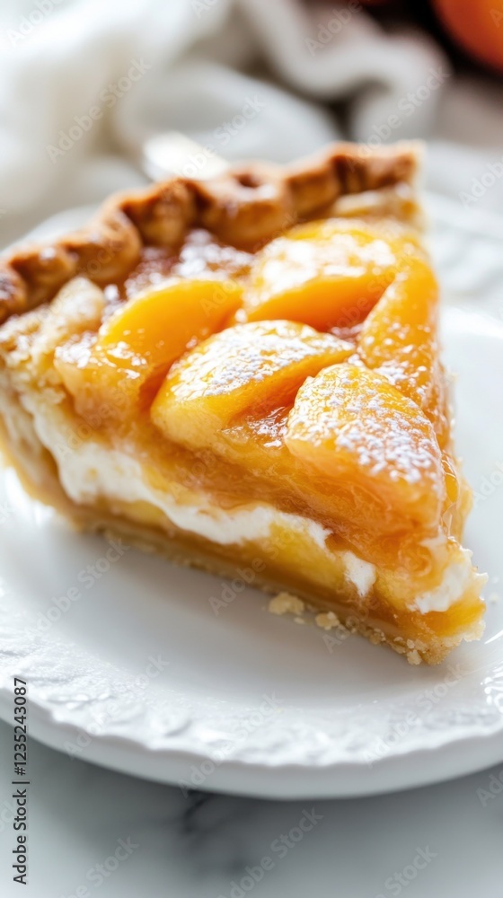 Slice of pie with vibrant, glossy layers of golden peach jam and creamy vanilla filling. Slice of pie with vibrant, glossy layers of golden peach jam and creamy vanilla filling.