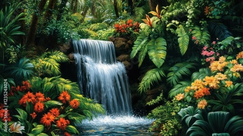 Lush Tropical Waterfall Scene With Vibrant Flowers