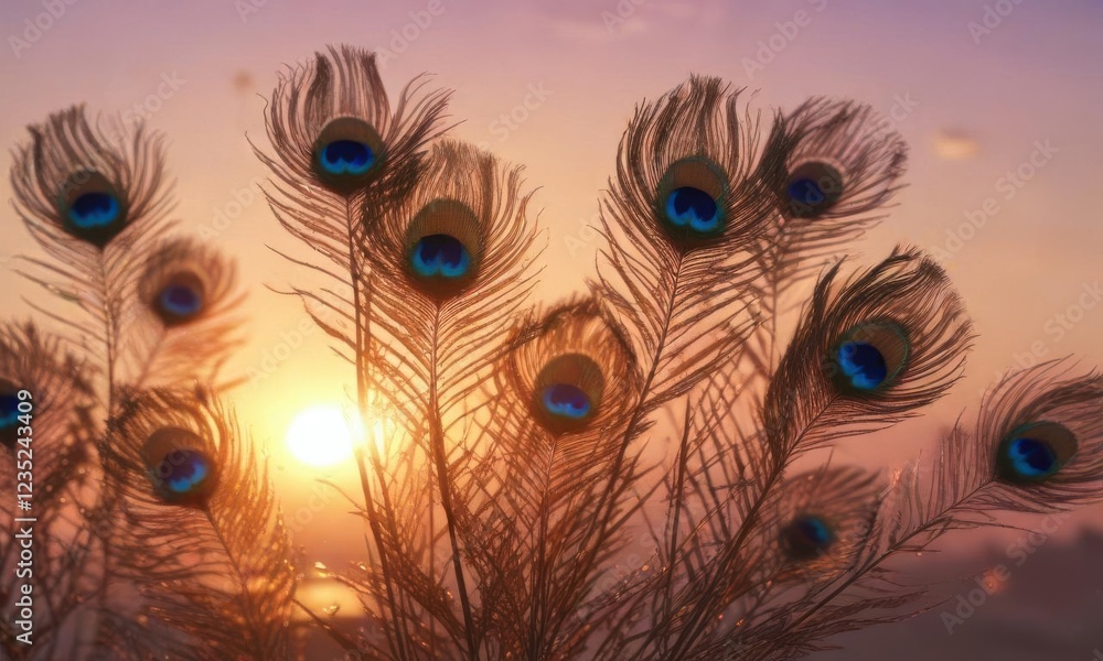 Obraz premium Delicate peacock feathers resembling wings against a sunset background, evening, nature