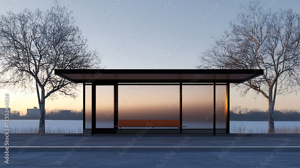 A modern bus stop with a sleek design, surrounded by trees at sunset. A modern bus stop with a sleek design, surrounded by trees at sunset.