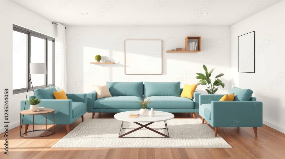 Fototapeta premium living room with a minimalistic design. It features a coffee table, light-colored sofa, plants, and framed artwork on the wall, vector illustration 