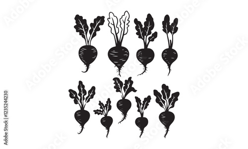 Explore intricate black and white beetroot silhouettes with detailed leaves and shapes.