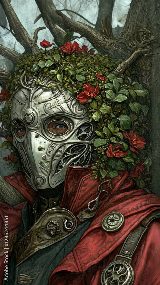Mystical figure wearing ornate mask with foliage and flowers in forest setting Mystical figure wearing ornate mask with foliage and flowers in forest setting