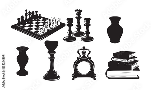 Black and White Decor: Chessboard, Candlesticks, Vases, Books, Rook, Clock Explore black and white decor: chessboard, candlesticks, vases, books, rook, and clock.
