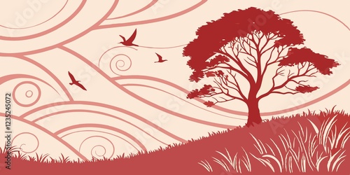 Silhouette tree at sunset with seasonal branches and natural elements.