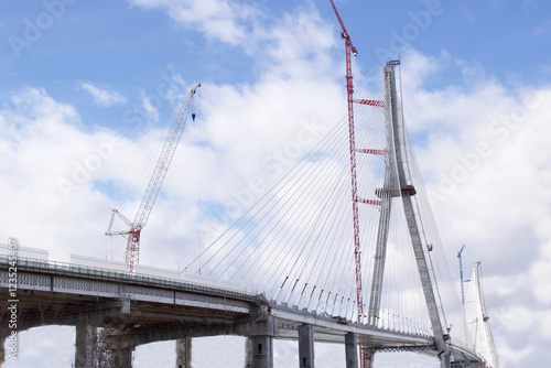 Gordie Howe International Bridge Bridge under construction. from the Windsor, Ontario, Canada side of the Detroit River.