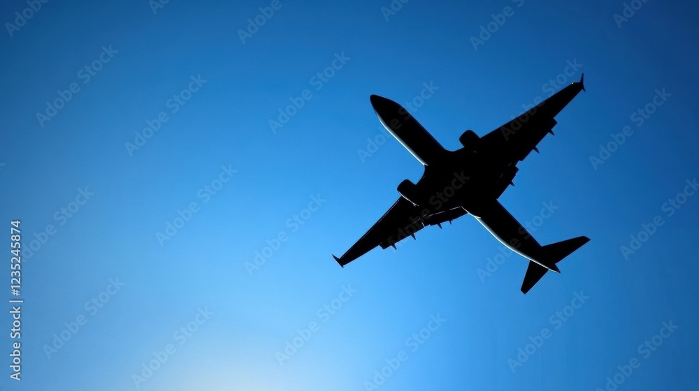 Silhouette of a sleek airplane flying against a clear blue sky during early morning hours. Generative AI Silhouette of a sleek airplane flying against a clear blue sky during early morning hours. Generative AI