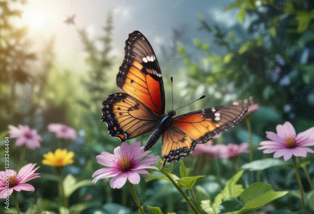 Fototapeta premium Der Schmetterling landet auf einer Blume im Garten mit Wasserfarben und Aquarell Stil, schmetterling, garten
