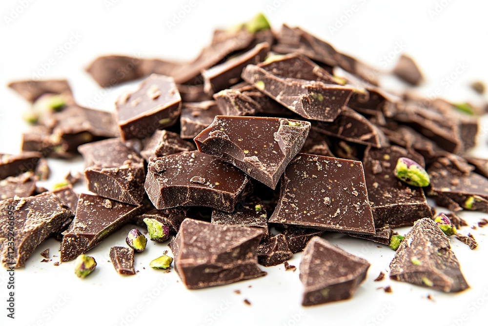 Broken pieces of pistachio chocolate bars scattered on a white background, highlighting the contrast between rich cocoa and the nutty, green pistachio pieces. Broken pieces of pistachio chocolate bars scattered on a white background, highlighting the contrast between rich cocoa and the nutty, green pistachio pieces.